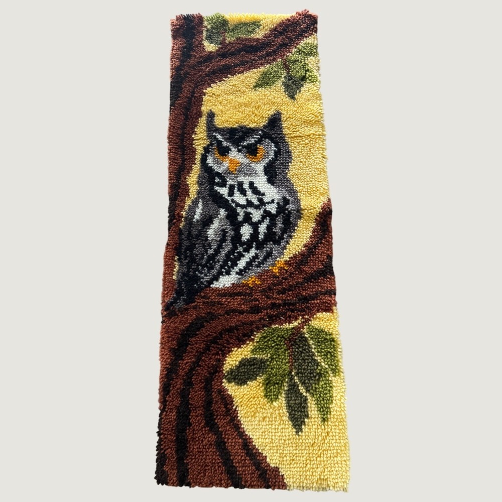 Vintage MCM 70s Owl Latch Hook Rug Wall Hanging 15x46 Handmade Retro Cabin Decor